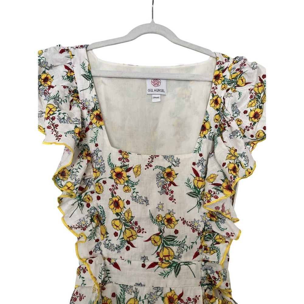 Gul Hurgel Floral White Yellow Ruffle 100% Linen Dress Pinafore Pockets Small - Picture 4 of 16